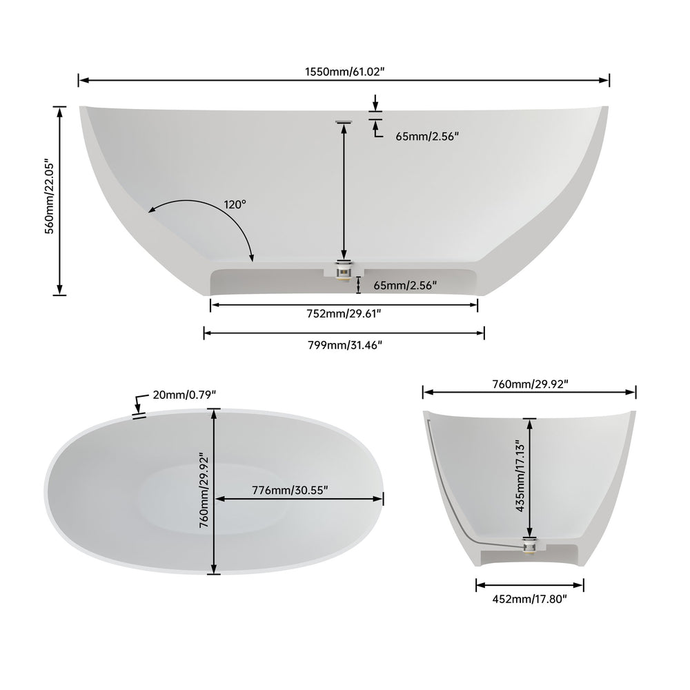 English Elm 61" Freestanding Stone Resin Soaking Tub Matte Spa Bathtub with Thermal Insulation T3785P353954
