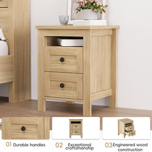 English Elm 3-Pieces Bedroom Set Full Size Farmhouse Platform Bed with Storage Headboard, Nightstand & Dresser Natural 46.25 L x 9.25 W x 9 H N733S369037M