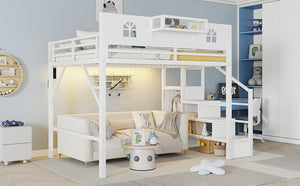English Elm Metal Queen Loft Bed with L Shaped Desk Wardrobe Led Lighting and Usb for Teens White W2593S00057