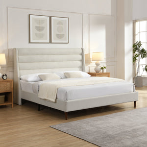English Elm King Upholstered Platform Bed Frame King Size with High Wave Headboard, Chenille Ivory, Noise-Free EVA, 1000lb Capacity, No Box Spring Needed, Easy Velcro Assembly W1716P362410
