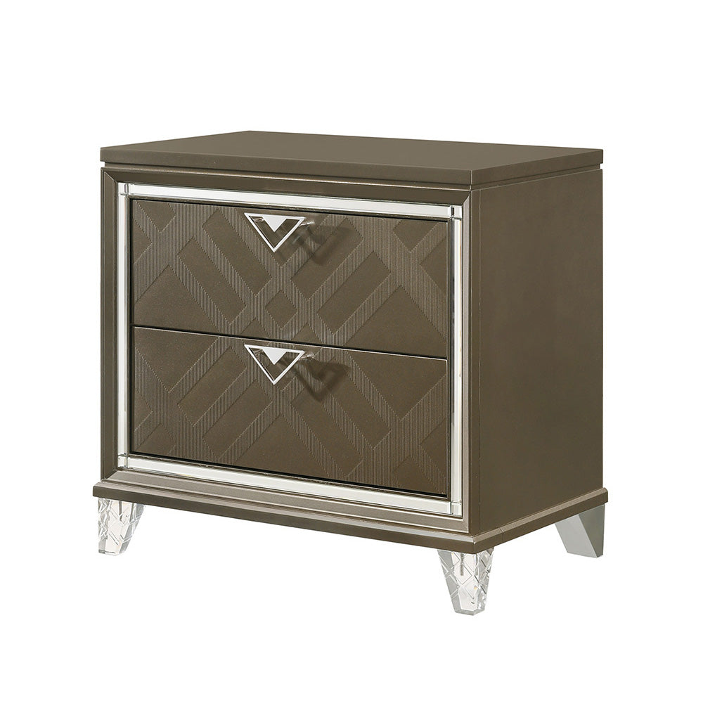 English Elm Skylar Champagne Finish Nightstand with Embossed Drawers, Mirrored Trim & Acrylic Tapered Legs B2726P261234