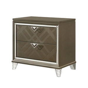 English Elm Skylar Champagne Finish Nightstand with Embossed Drawers, Mirrored Trim & Acrylic Tapered Legs B2726P261234