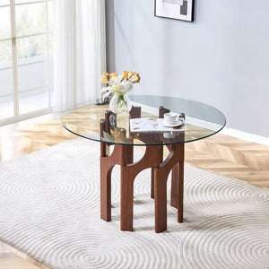 English Elm Round Tempered Glass Dining Table Sculptural Geometric Mdf Base Seats Four Compact Walnut W3875P387156
