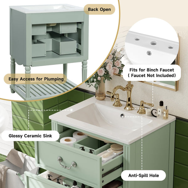 English Elm 24'' Vintage Bathroom Vanity with Ceramic Sink Soft Close Drawers Open Shelf Green N710P411237F