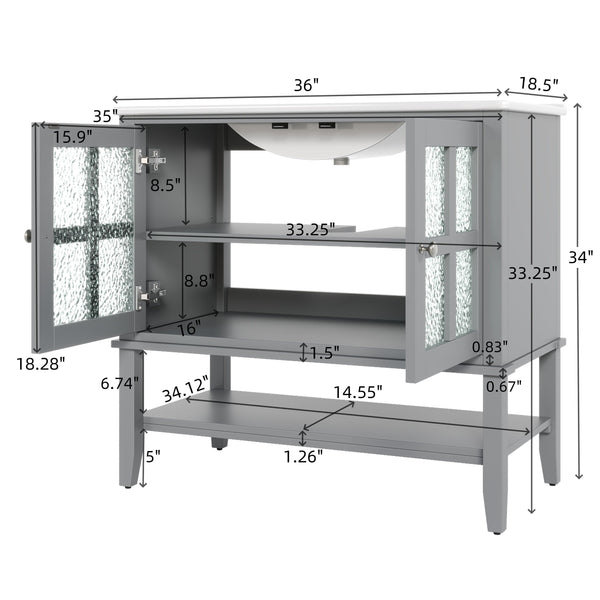 English Elm Christopher Knight Home® - 36" Bathroom Vanity with Ceramic Sink, Solid Wood Legs, Waterproof Finish, Soft-Close Hinges, Open Shelf, Silver Knobs Gray N817P286249G