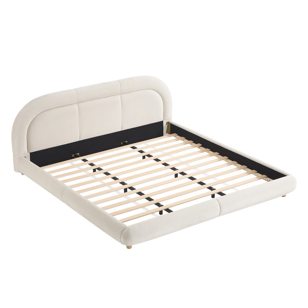 English Elm King Curved Velvet Upholstered Low Profile Platform Bed Sculpted Headboard Modern Beige W5632P452160