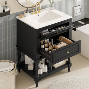 English Elm 24'' Retro Bathroom Vanity Mdf Cabinet with Ceramic Sink Open Shelf and 2 Drawers Black N710P405414B