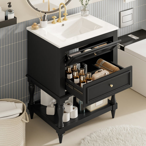 English Elm 24'' Retro Bathroom Vanity Mdf Cabinet with Ceramic Sink Open Shelf and 2 Drawers Black N710P405414B