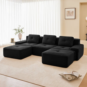 English Elm 117" Modern U-Shaped Modular Sectional Sofa, Black Corduroy, Deep Seat & Movable Ottoman, No Assembly! W714S01478