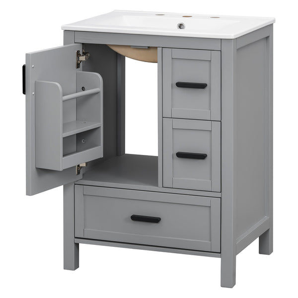 English Elm Modern 24 Inch Bathroom Vanity Solid Wood Cabinet with Ceramic Sink and Soft Close Storage Gray N729P292859E