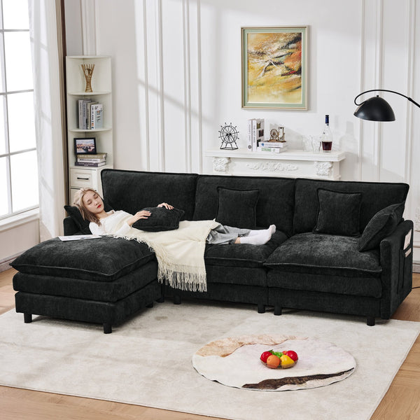 English Elm 101.9-inch Chenille Modular Sofa with Movable Footstool for Living Room Comfort Black W288S00032