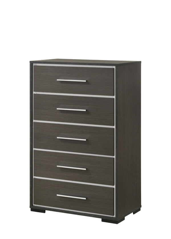 English Elm 1pc Contemporary 5-Drawer Chest with Chrome Accents Rustic Finish Wooden Bedroom Storage, Stylish Design Gray 32.9 L x 19.9 W x 50.7 H B011P236774