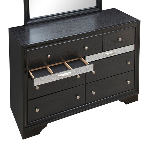 English Elm Madrid 6-Drawer Chest with Felt Lined Tray, Silver Acrylic Trim & Nickel Handles for Modern Storage Black 43 L x 66 W x 20 H B078P286060