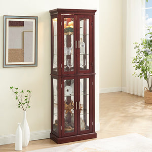 English Elm Curio Display Cabinet with Internal Lighting, Mirrored Back, 6 Adjustable Shelves, Glass Doors Cherry W1693P154579