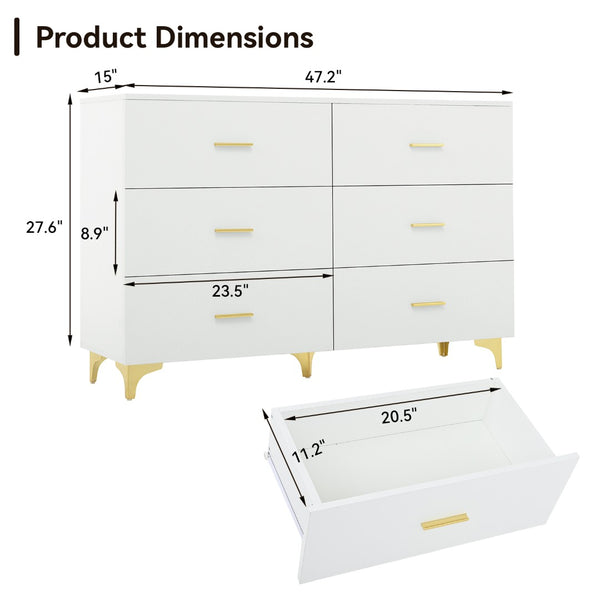 English Elm Six Drawer Elegant White Locker With Gold Accents And Triangular Legs For Modern Stylish Storage W3871P368993-GIGA