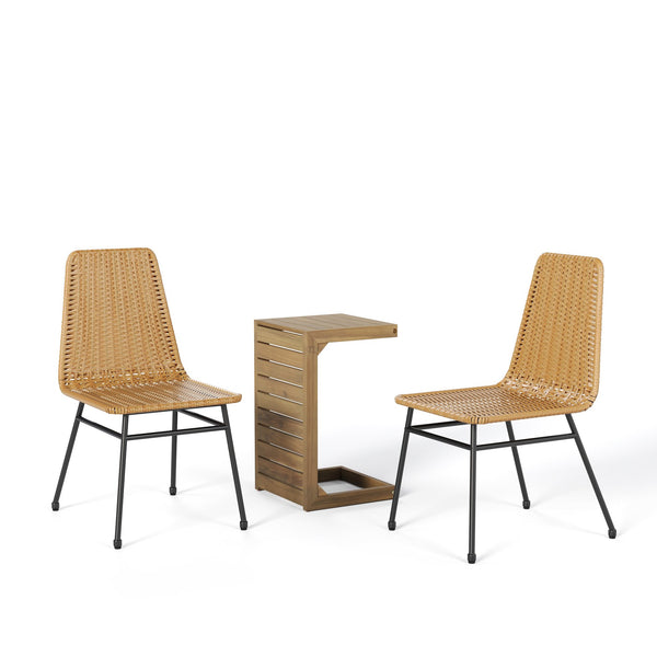 English Elm Christopher Knight Home® - Light Rattan Patio Set 2 Chairs + Dark Acacia Coffee Table, Ergonomic PE Rattan & Iron Frame, Easy Assembly N779P201261L_N779P192788B