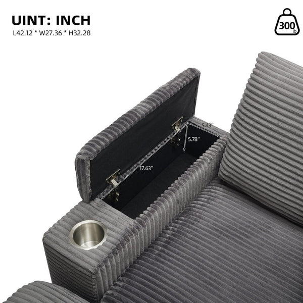 English Elm Corduroy Chaise Lounge Sofa With Storage, Movable Ottoman & Cupholders For Relaxation W2120S00004-GIGA