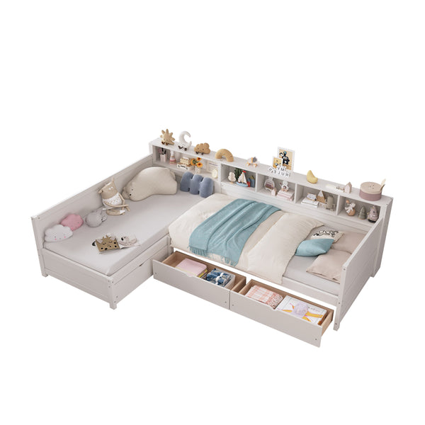 English Elm Twin Corner Daybed with Storage Drawers Bookshelf Wood L-shape Frame for Small Rooms White N733S369272K
