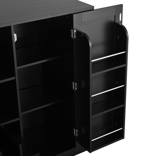 English Elm U_style Compact Kitchen Island with Drop Leaf Power Outlet Wine Rack Stemware Storage Black N711P437715B