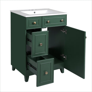 English Elm 24" Forest Green Bathroom Vanity Cabinet with Ceramic Sink, Soft-Close Door, 2 Drawers, Open-Back Access for Easy Plumbing and Durable Solid-Wood Frame N729P264336G