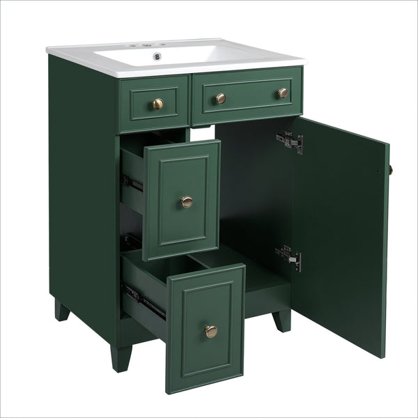 English Elm 24" Forest Green Bathroom Vanity Cabinet with Ceramic Sink, Soft-Close Door, 2 Drawers, Open-Back Access for Easy Plumbing and Durable Solid-Wood Frame N729P264336G