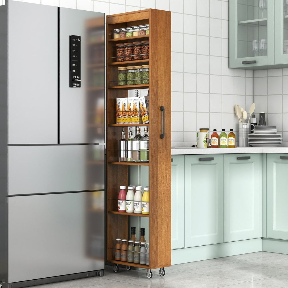 English Elm 7 Tier Rolling Slim Pull Out Pantry Organizer Cart for Kitchen and Narrow Gaps Oak W331P427516