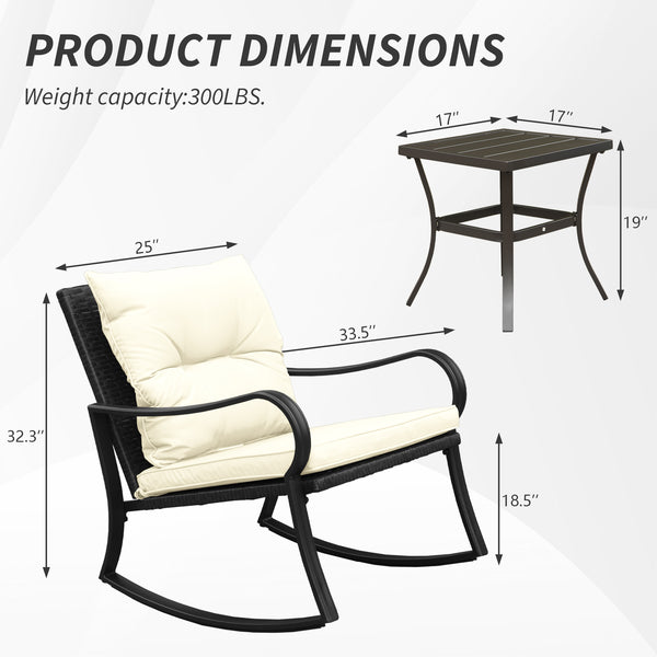 English Elm Metal Outdoor 2-Person Rocking Patio Set with Handwoven Wicker, Plush Cushions & Sturdy Table White W1859P399563