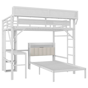 English Elm Ful Full-over-Twin Metal Bunk Bed with Desk, Bookshelves, LED Lighting & USB Charging Station, White W2580S00041