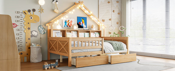 English Elm Wood Full Size Gaming Loft Bed with Integrated Desk, Shelves, LED Lighting & Hanging Clothes Rack Natural N7090001044N