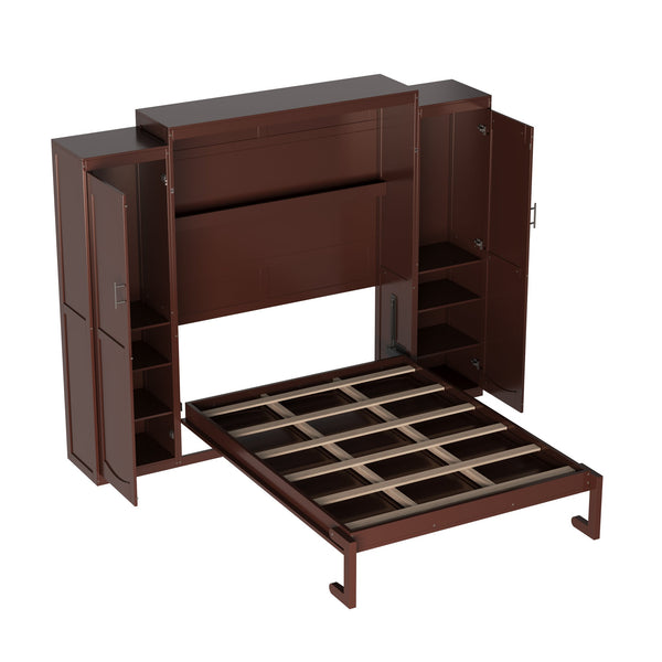 English Elm Full Full Size Murphy Bed with Two Wardrobes and Foldable Platform, Space-Saving Modern Guest Solution Walnut 84.9 L x 12 W x 7 H N733S235596D
