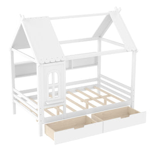 English Elm Full House Solid Wood Platform Bed with Window Roof, Under-Bed Drawers & Shelves for Kids' Rooms Light White W1580S00267