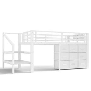 English Elm Twin Metal Low Loft Bed with Storage Stairs Fabric Drawers and Built-in Lights Light White W5305S00044