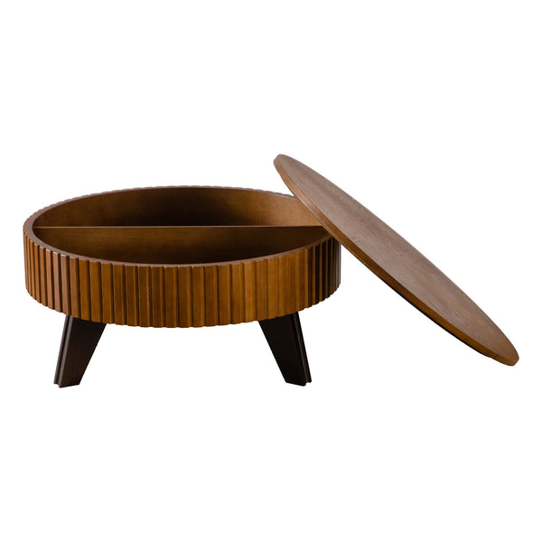 English Elm 31.5" Round Mid-century Coffee Table with Lower Shelf Solid Wood Legs and Mdf Top Natural W757P370290