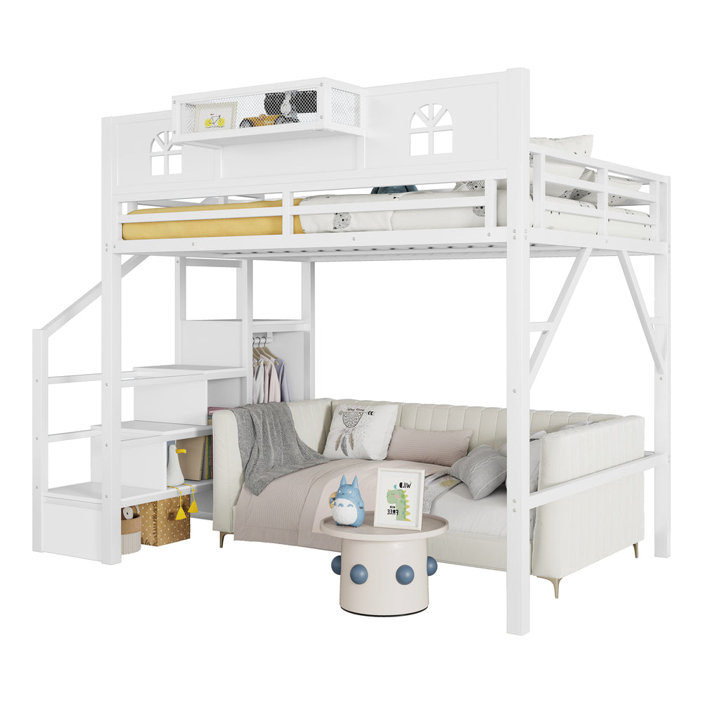 English Elm Full Size Loft Bed With Integrated Wardrobe, Stairs, House-Shaped Guardrails & Space-Saving Design W2593S00037