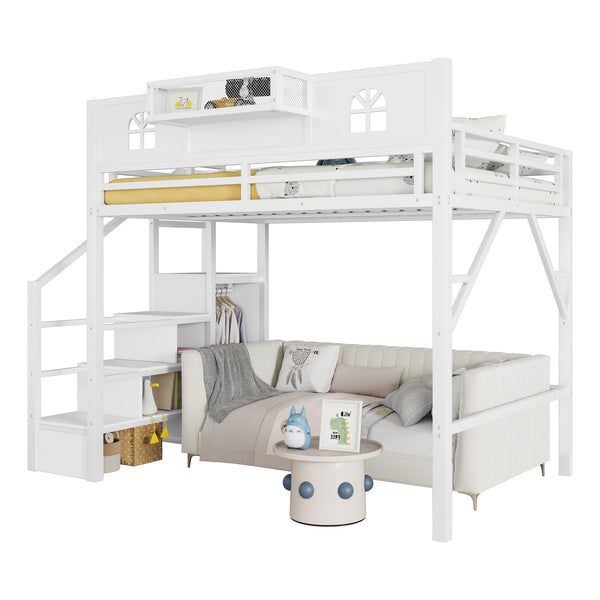 English Elm Full Size Loft Bed With Integrated Wardrobe, Stairs, House-Shaped Guardrails & Space-Saving Design W2593S00037