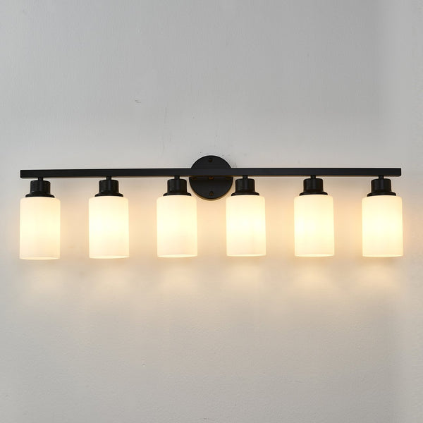 English Elm 6-light Matte Black Linear Wall Sconce White Glass Shades for Bedroom or Vanity W5008P389852