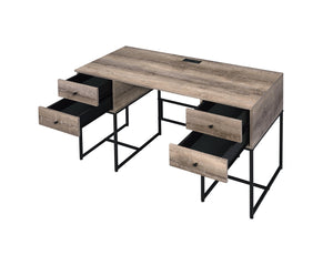 English Elm Desirre Rustic Oak Writing Desk with USB Port, 4 Drawers & Black Metal Sled Base — Industrial Charm B2726P251778