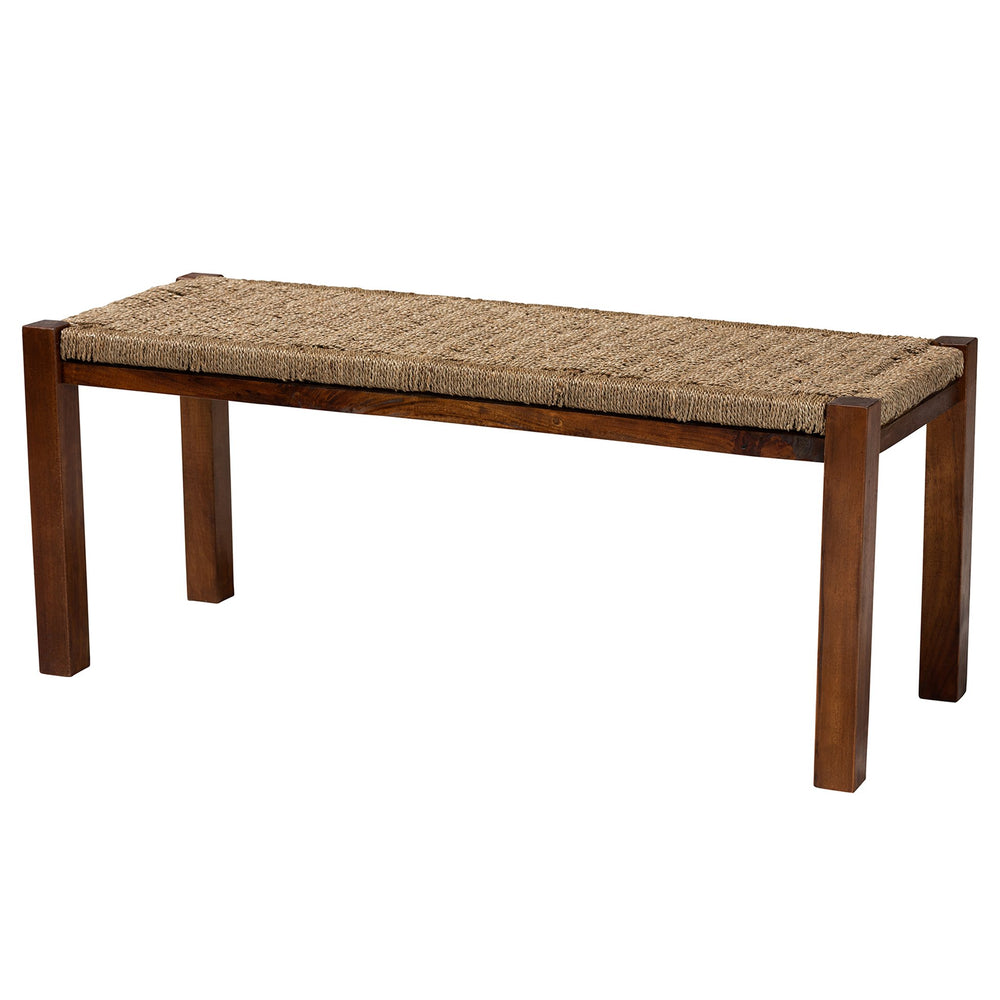 English Elm Modern Handwoven Rattan Mahogany Bench Artisan Boho Accent for Bedroom or Entryway B2750P470074