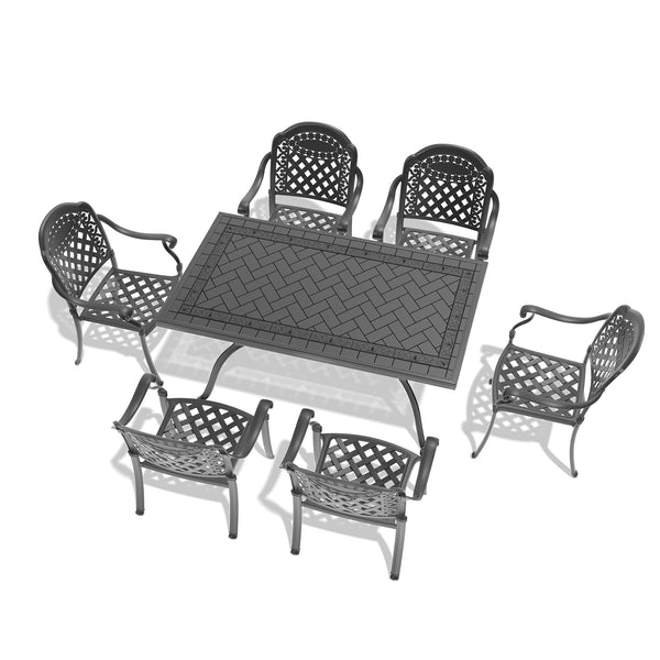 English Elm 7-piece Cast Aluminum Outdoor Dining Set with Carved Floral Detail and Stacking Chairs W1710S00576