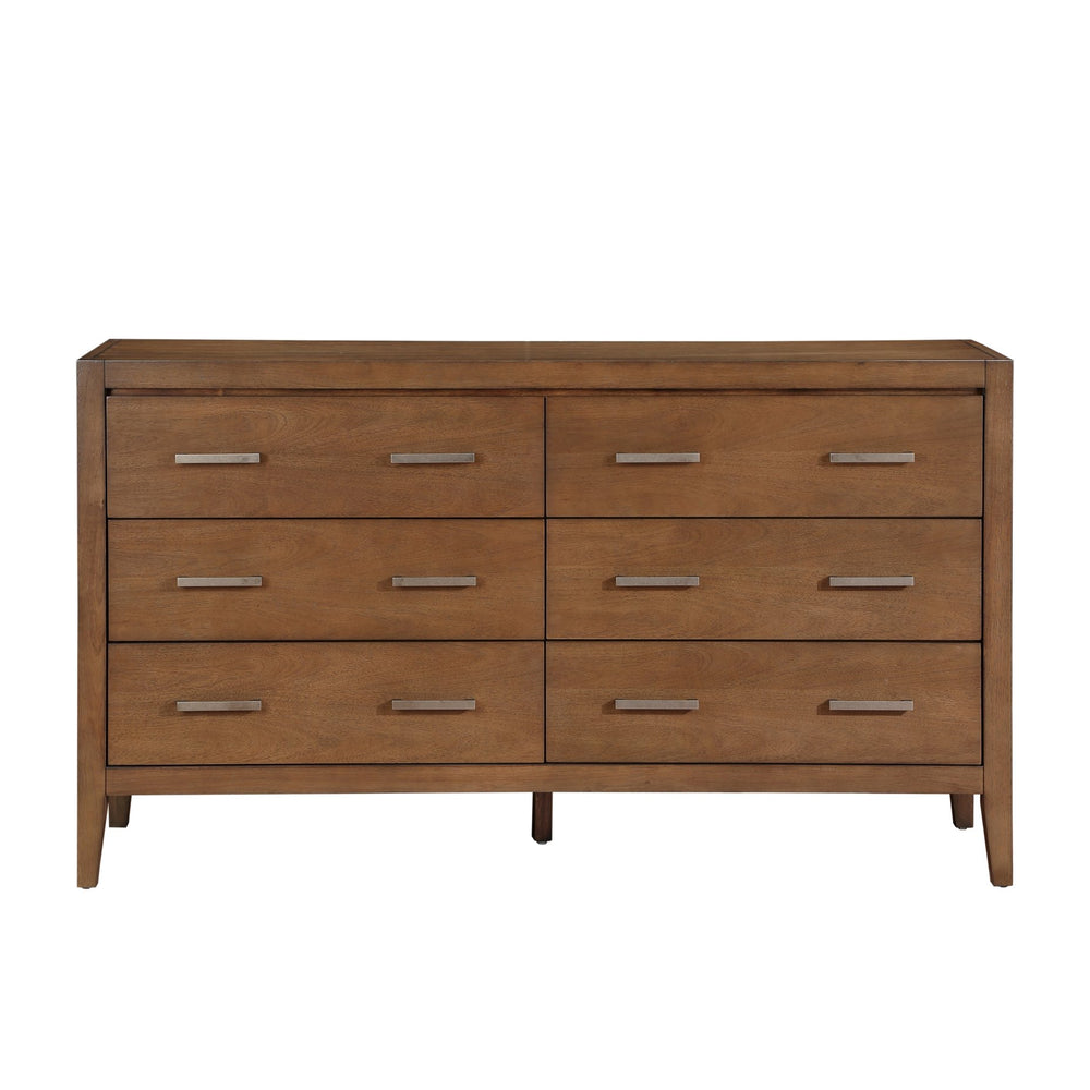 English Elm Transitional 60" 6-Drawer Dresser Light Brown Wire-Brush Finish with Antique Brass Bar Pulls, Classic Style B011P286828
