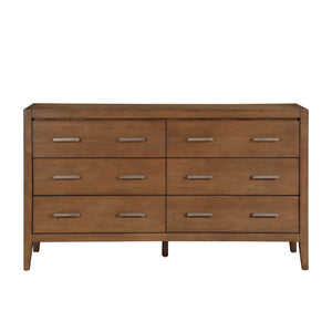 English Elm Transitional 60" 6-Drawer Dresser Light Brown Wire-Brush Finish with Antique Brass Bar Pulls, Classic Style B011P286828