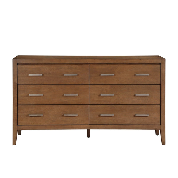 English Elm Transitional 60" 6-Drawer Dresser Light Brown Wire-Brush Finish with Antique Brass Bar Pulls, Classic Style B011P286828
