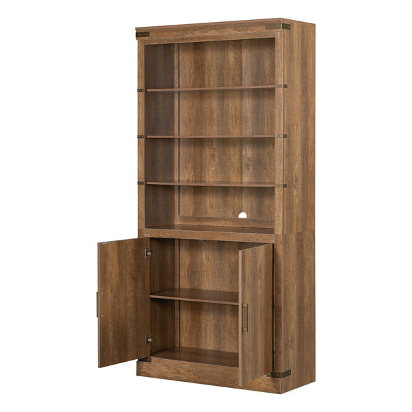 English Elm 83.4"Tall Modern Bookshelf with Doors Walnut, LED Accent Lighting, 3 Adjustable Shelves, Storage Cabinet N751S346154W