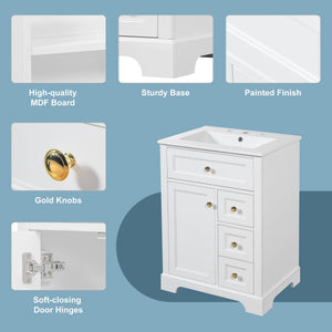 English Elm "24'' 24 Inch Glossy Freestanding Bathroom Vanity with Gold Hardware and Soft Close Storage White Pinewood N725P375495K
