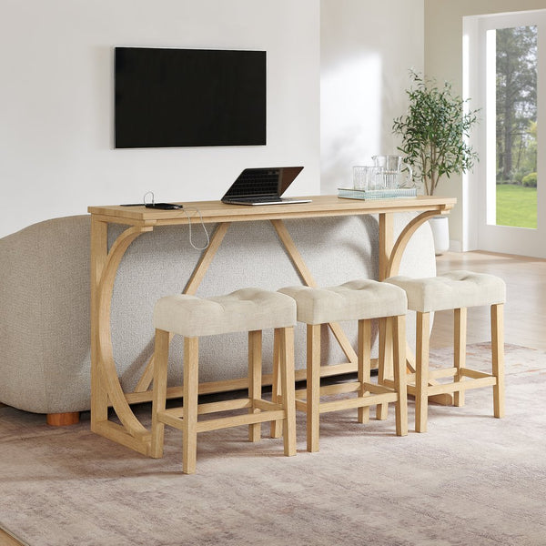 English Elm 59 Inch Bar Table Set with Power Outlet Rubberwood Frame and 3 Linen Stools Light Oak W2972P385256