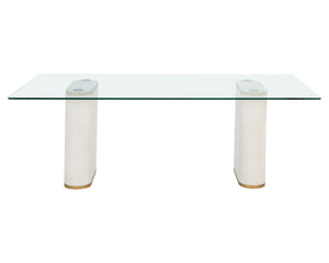 Sunpan Aemond 86.5" Elegant Dining Table with Clear Glass Top & White Concrete Legs for Stylish Spaces