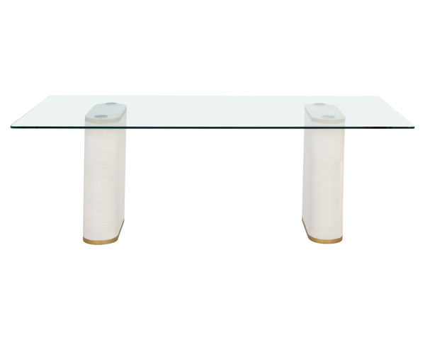 Sunpan Aemond 86.5" Elegant Dining Table with Clear Glass Top & White Concrete Legs for Stylish Spaces