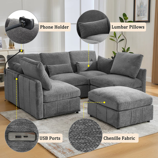 English Elm Modern Modular Sectional Sofa With Usb Ports & Movable Ottoman - L-Shaped, U-Shaped, Sofa Bed Comfort N719S002050E