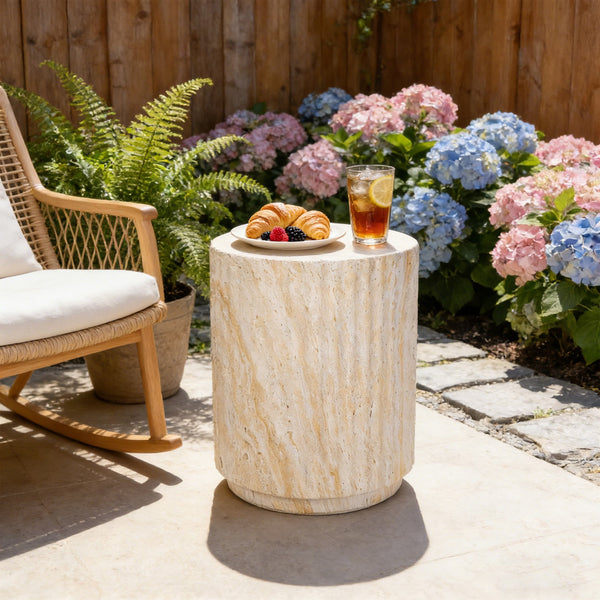English Elm U_style Mgo Cylinder Accent Table Wave Ribbed Concrete Look Patio or Indoor Plant Stand Beige,Yellow N711P422078K