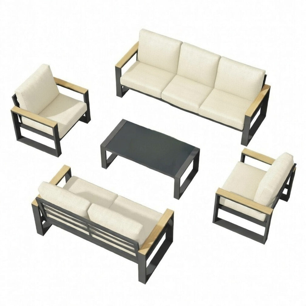 English Elm All-weather 5 Piece Aluminum Patio Conversation Set 7 Seat with Tempered Glass Table Beige+Grey B082S00115